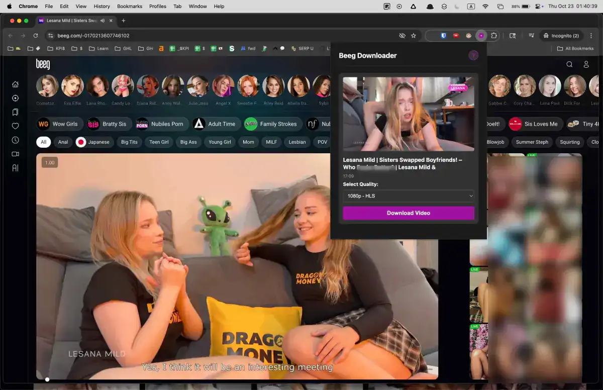 Beeg Video Downloader popup with quality selection