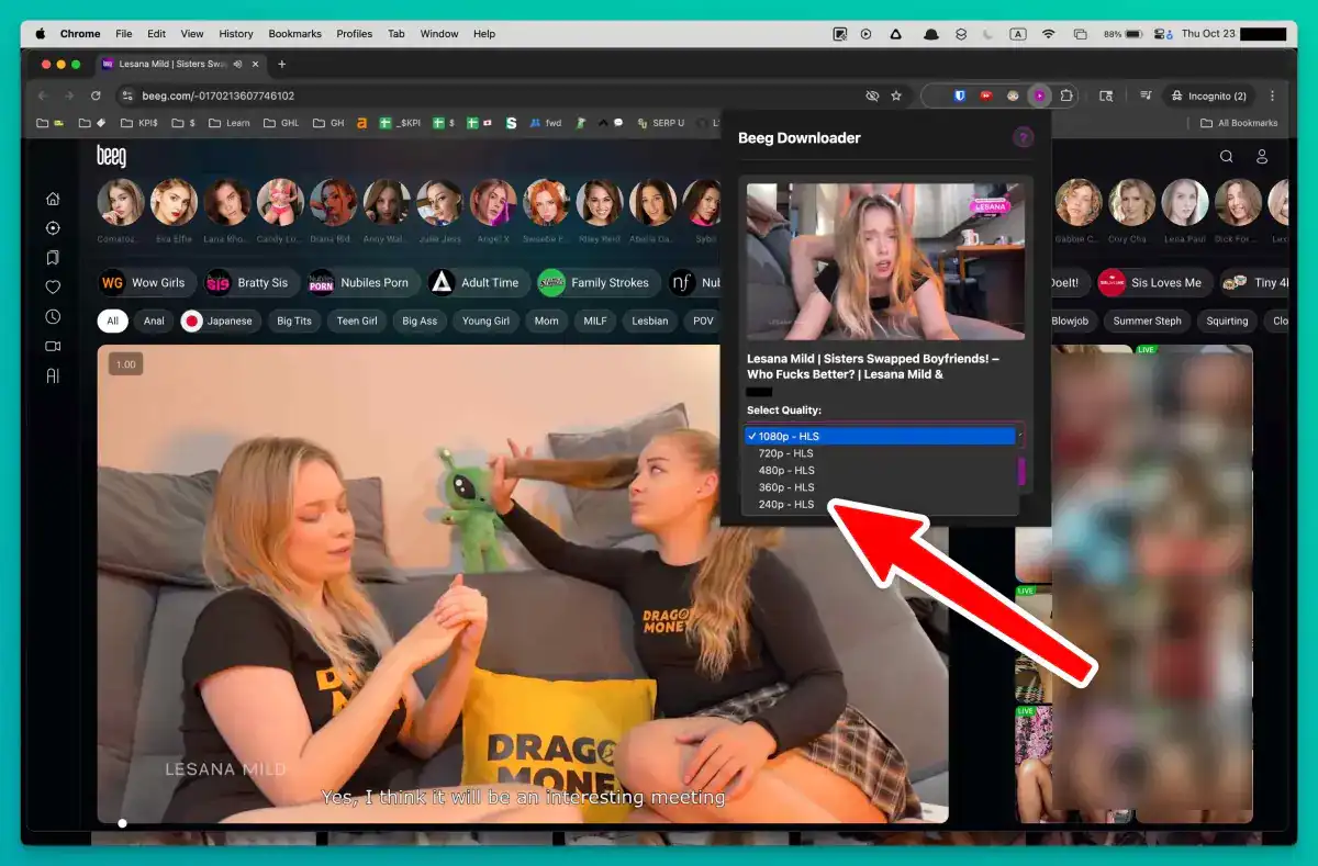 Beeg Video Downloader interface showing queue and progress