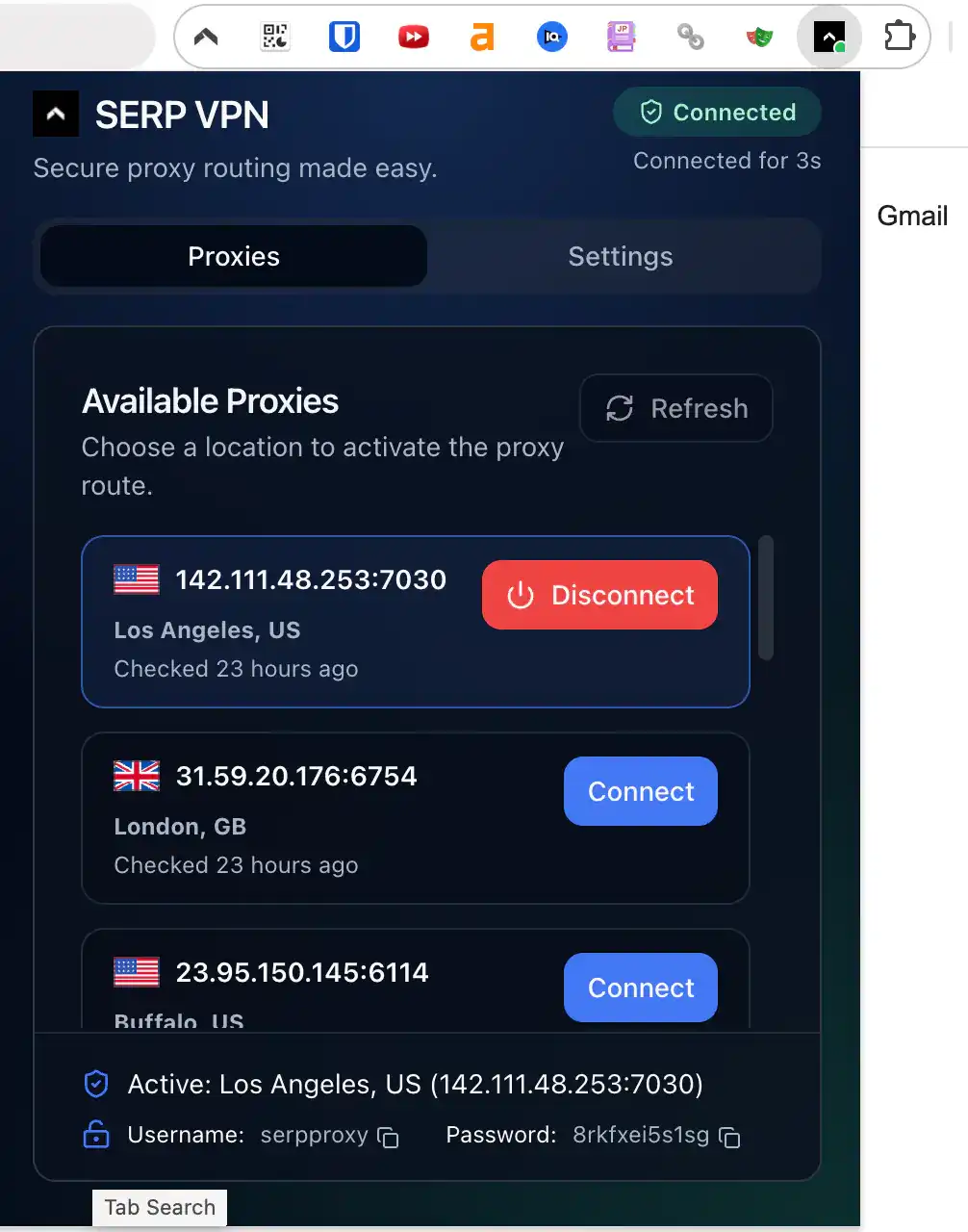 SERP VPN Extension in use while browsing, with active VPN indicator
