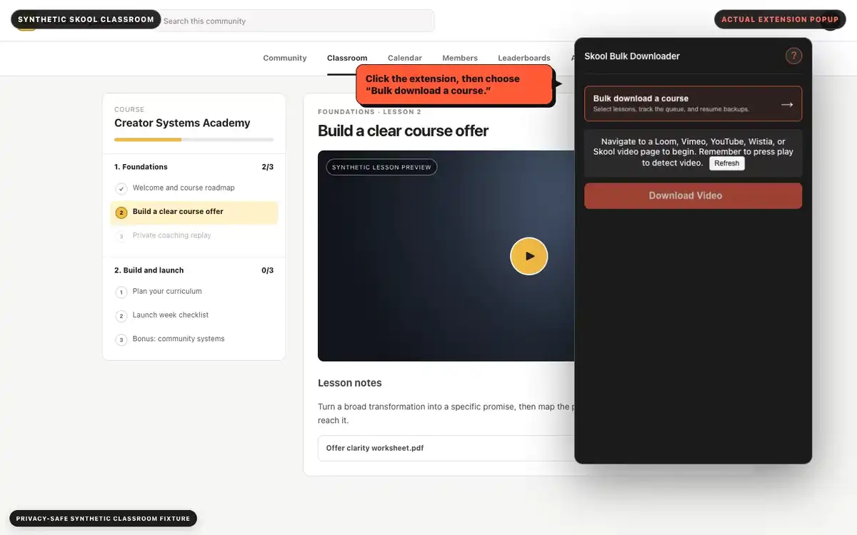 Skool classroom with the Skool Bulk Downloader popup launcher
