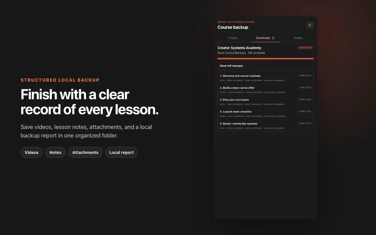 Completed Skool course backup and lesson summary