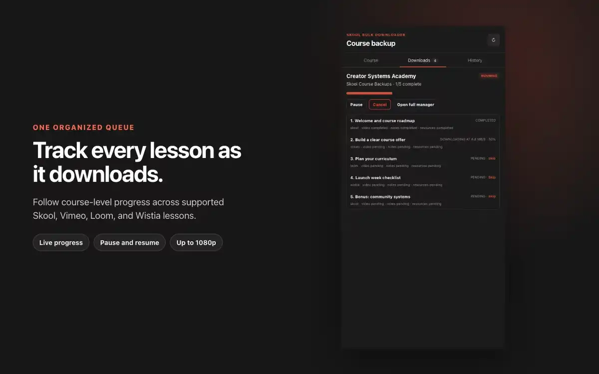 Skool course backup showing lesson and provider progress