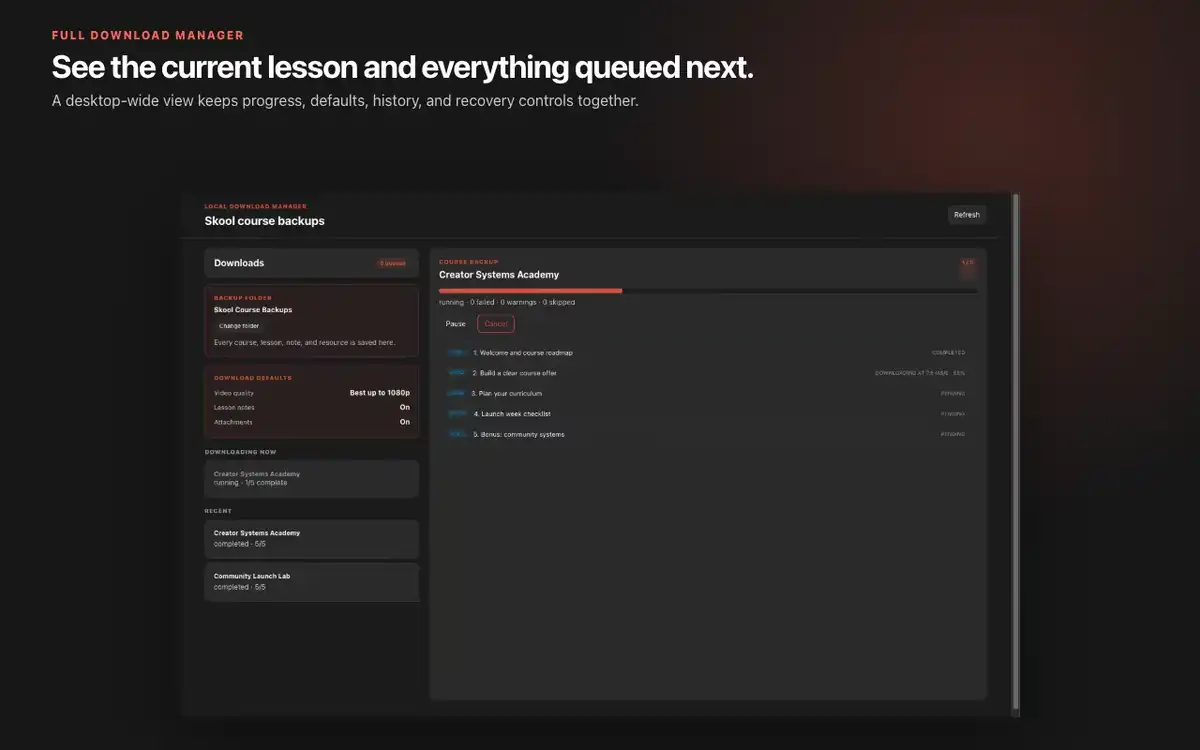 Wide Skool Bulk Downloader manager with course job controls