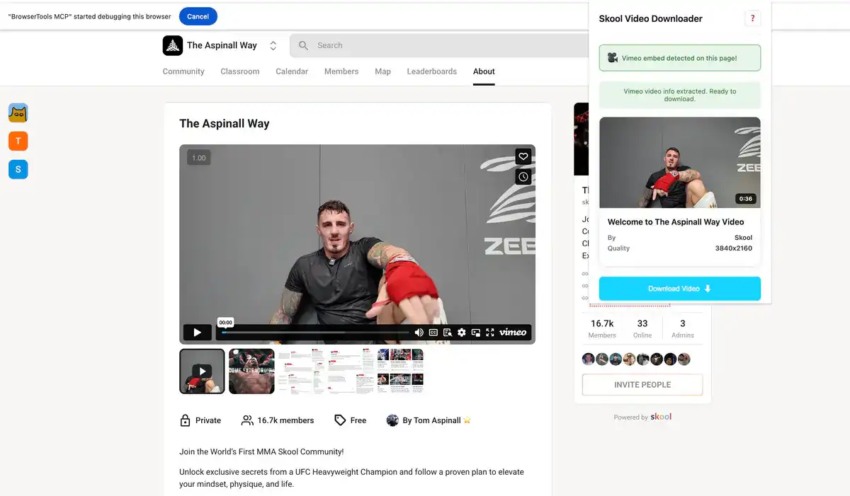 Skool Video Downloader extension interface