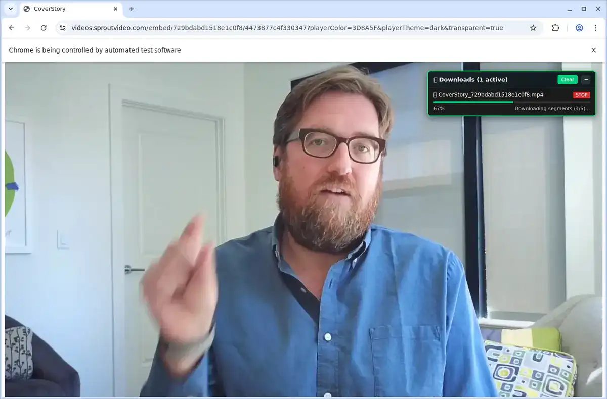 SproutVideo Downloader showing download progress and speed for an HLS video