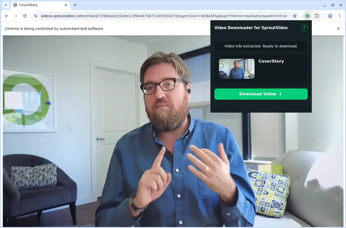 SproutVideo Downloader ready overlay showing a detected video on a course page