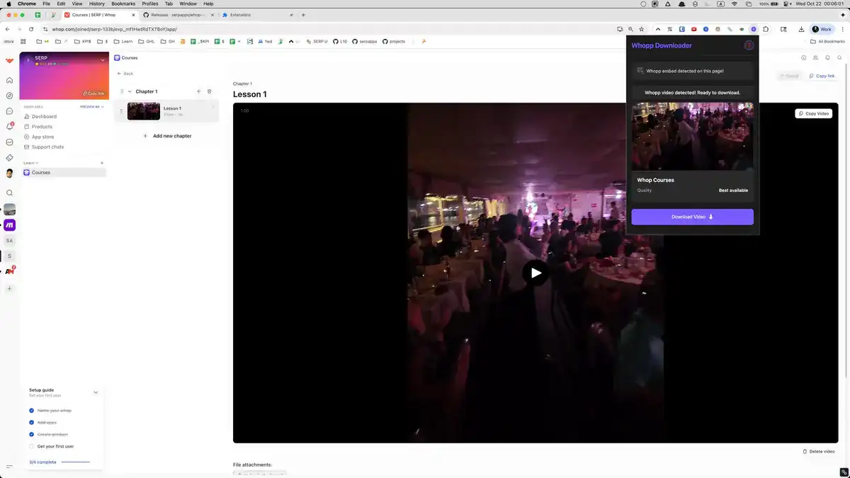 Whop Video Downloader extension overlay on Whop product page
