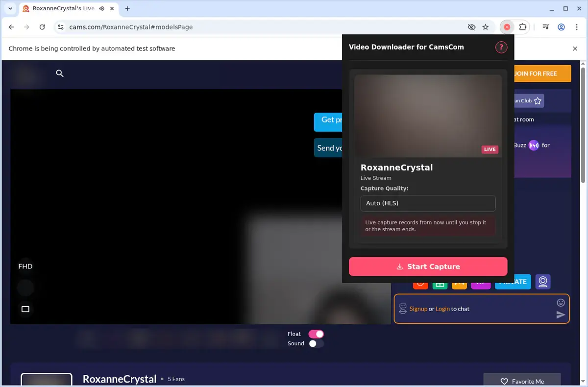 Cams.com Video Downloader showing detected media ready to download