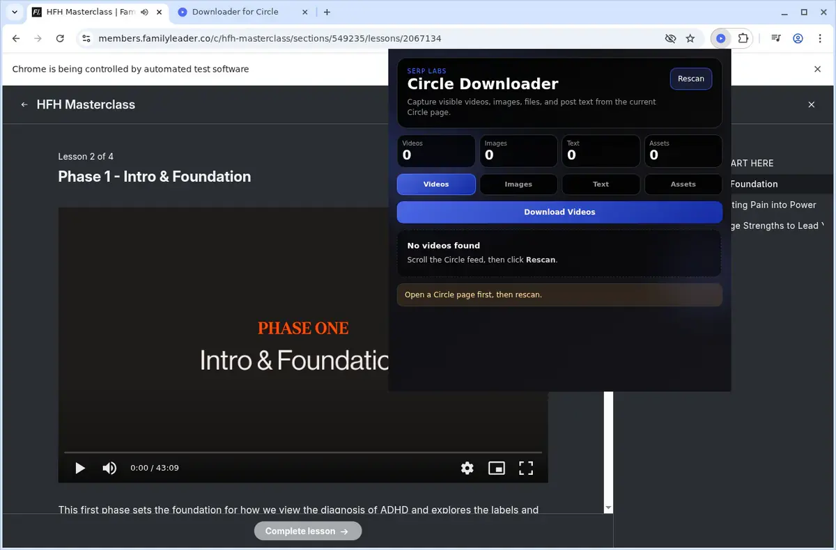 Circle Downloader scanning a lesson with Videos, Images, Text, and Assets tabs