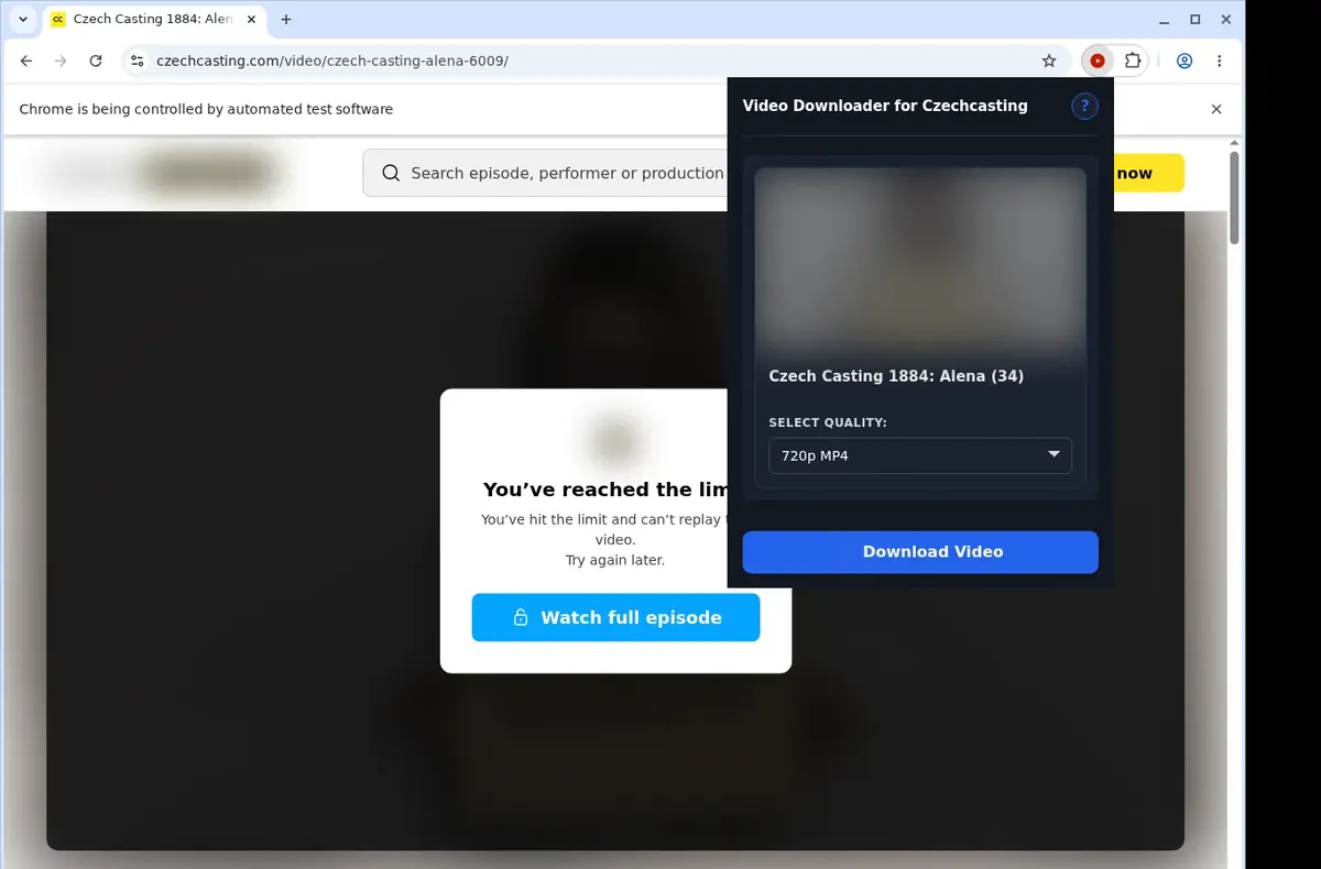 CzechCasting Video Downloader showing detected media ready to download