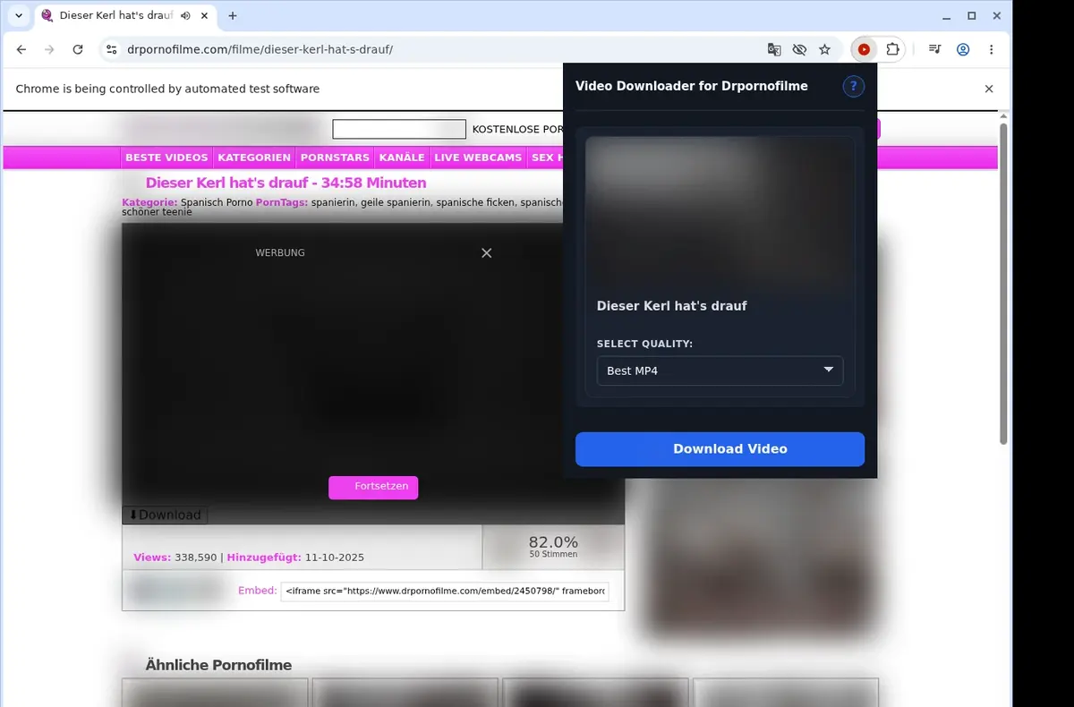 DrPornofilme Video Downloader showing detected media ready to download