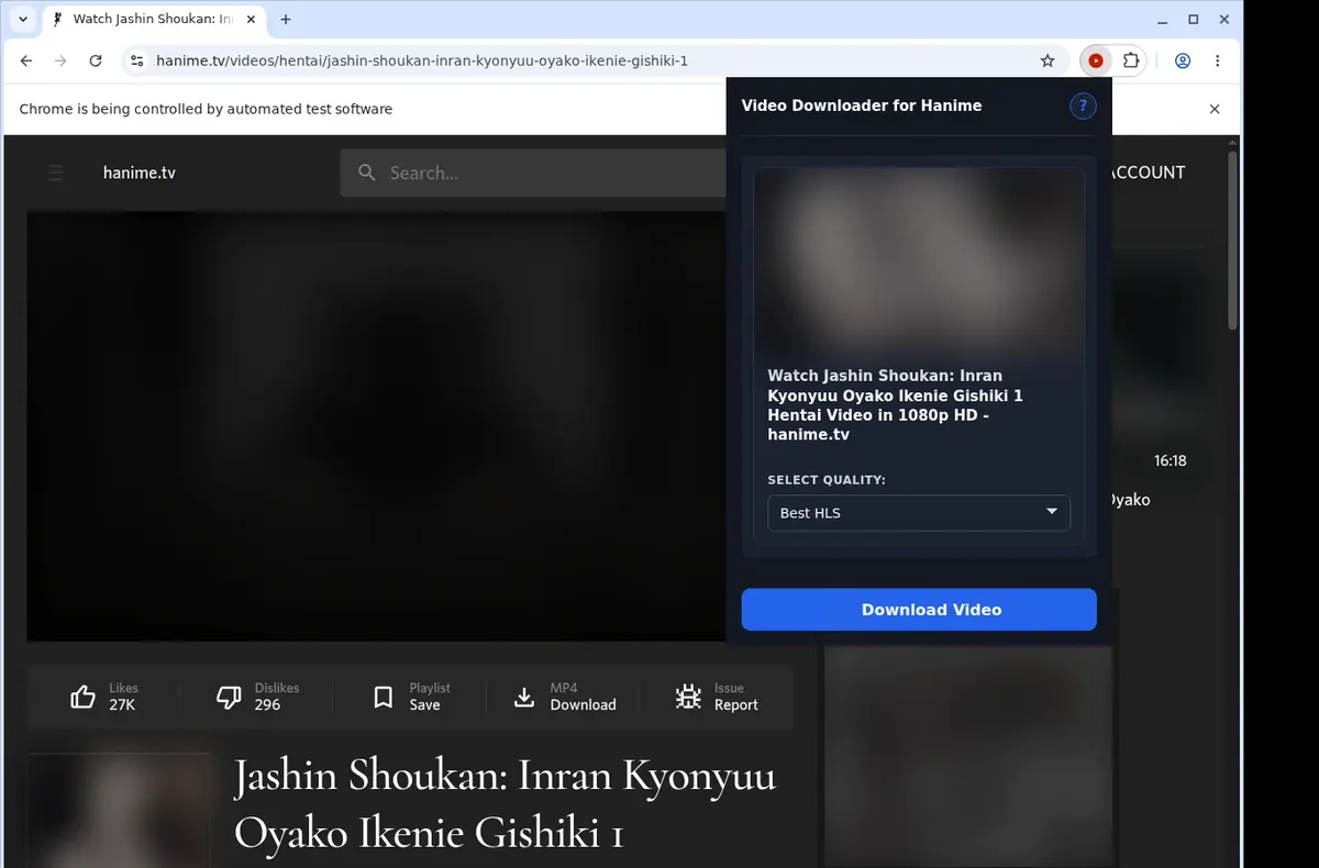 Hanime Downloader showing detected media ready to download