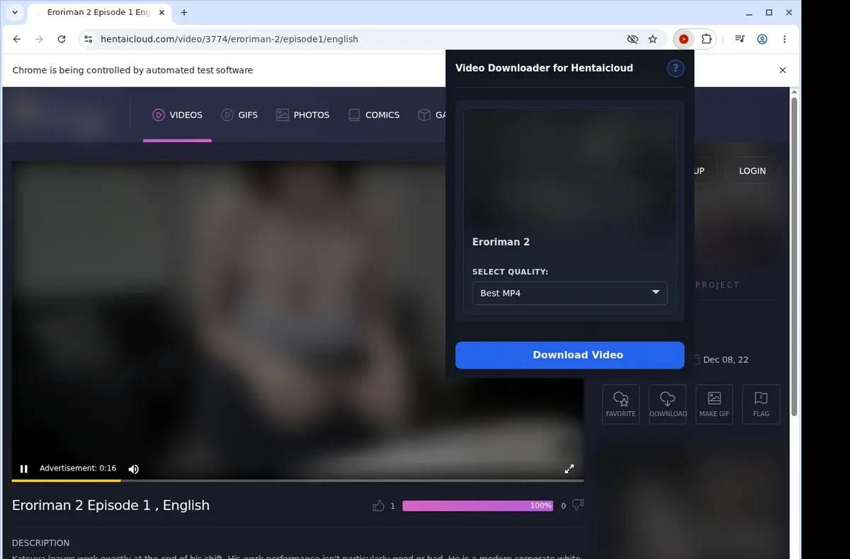 HentaiCloud Video Downloader showing detected media ready to download