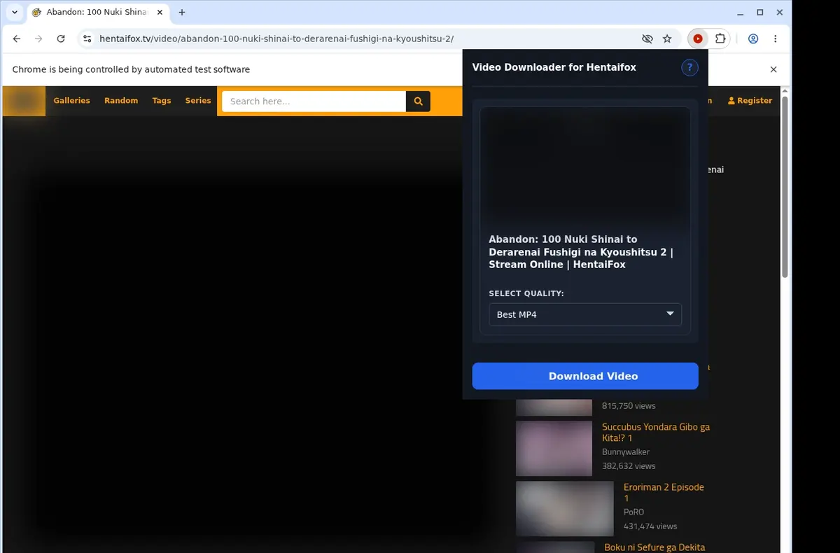 HentaiFox Video Downloader showing detected media ready to download