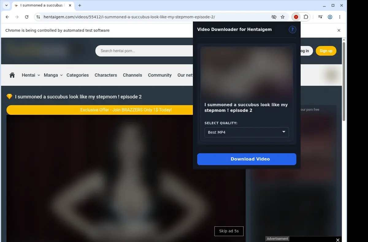 HentaiGem Video Downloader showing detected media ready to download
