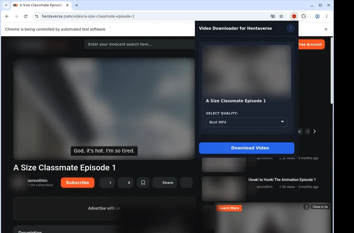 Hentaverse Video Downloader showing detected media ready to download