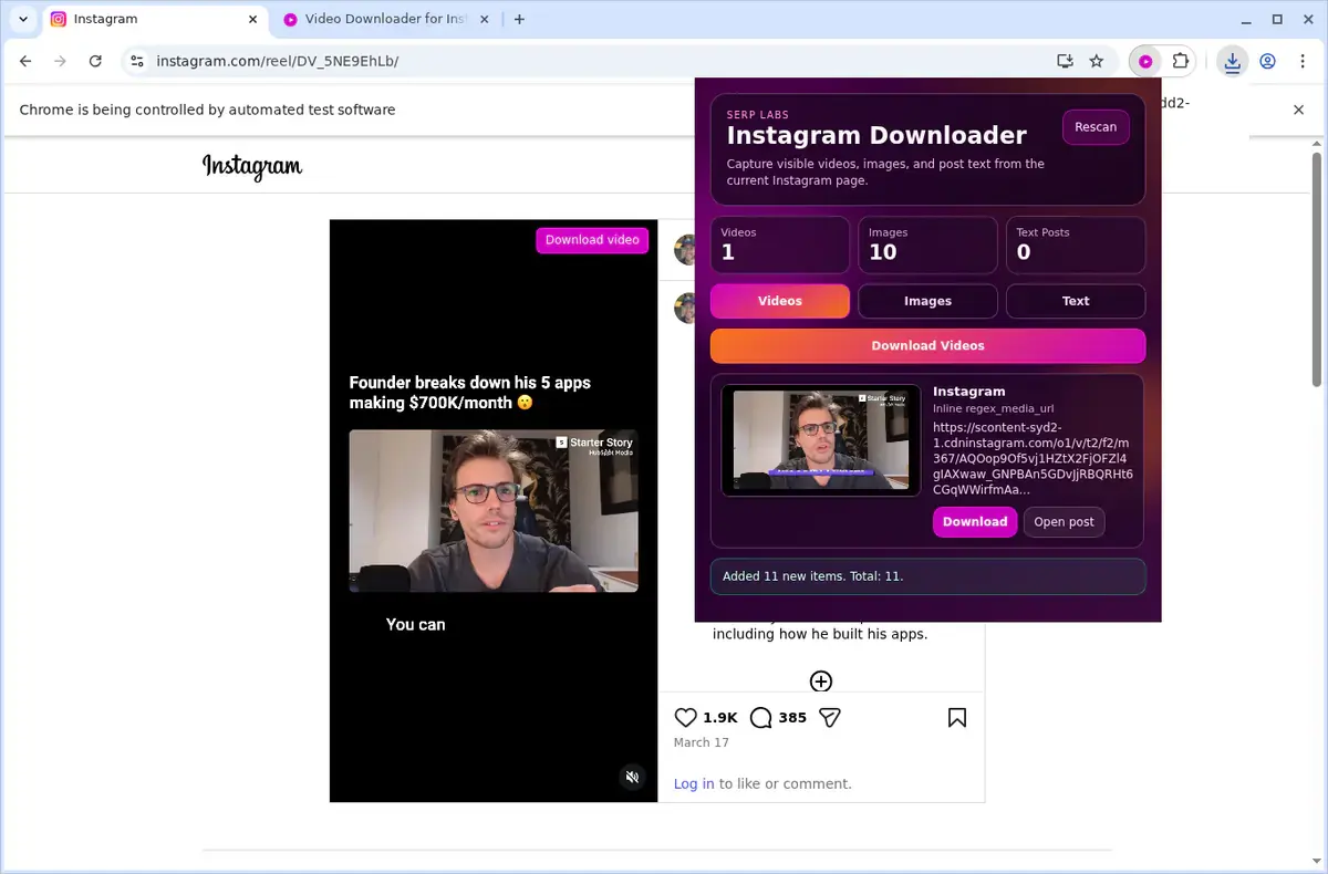 Instagram Downloader download progress panel