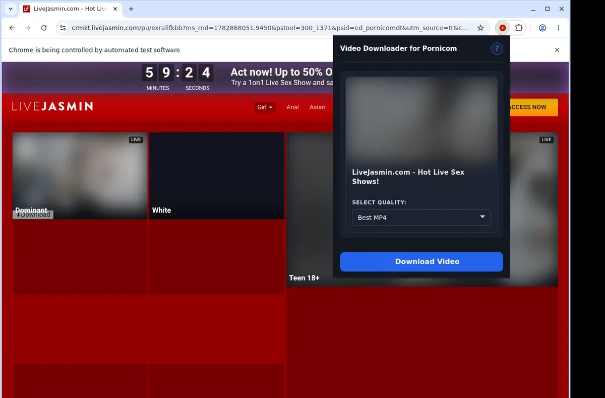 Pornicom Downloader showing detected media ready to download