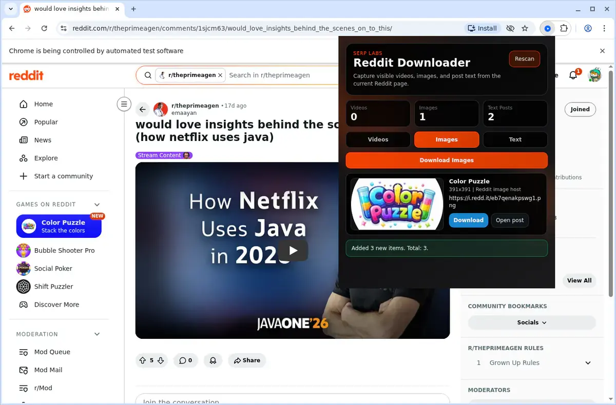 Reddit Downloader showing detected media ready to download