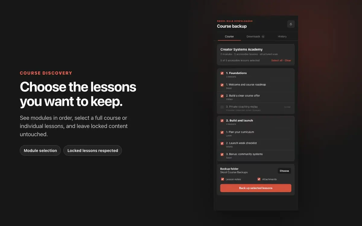 Skool Bulk Downloader course discovery and lesson selection screen