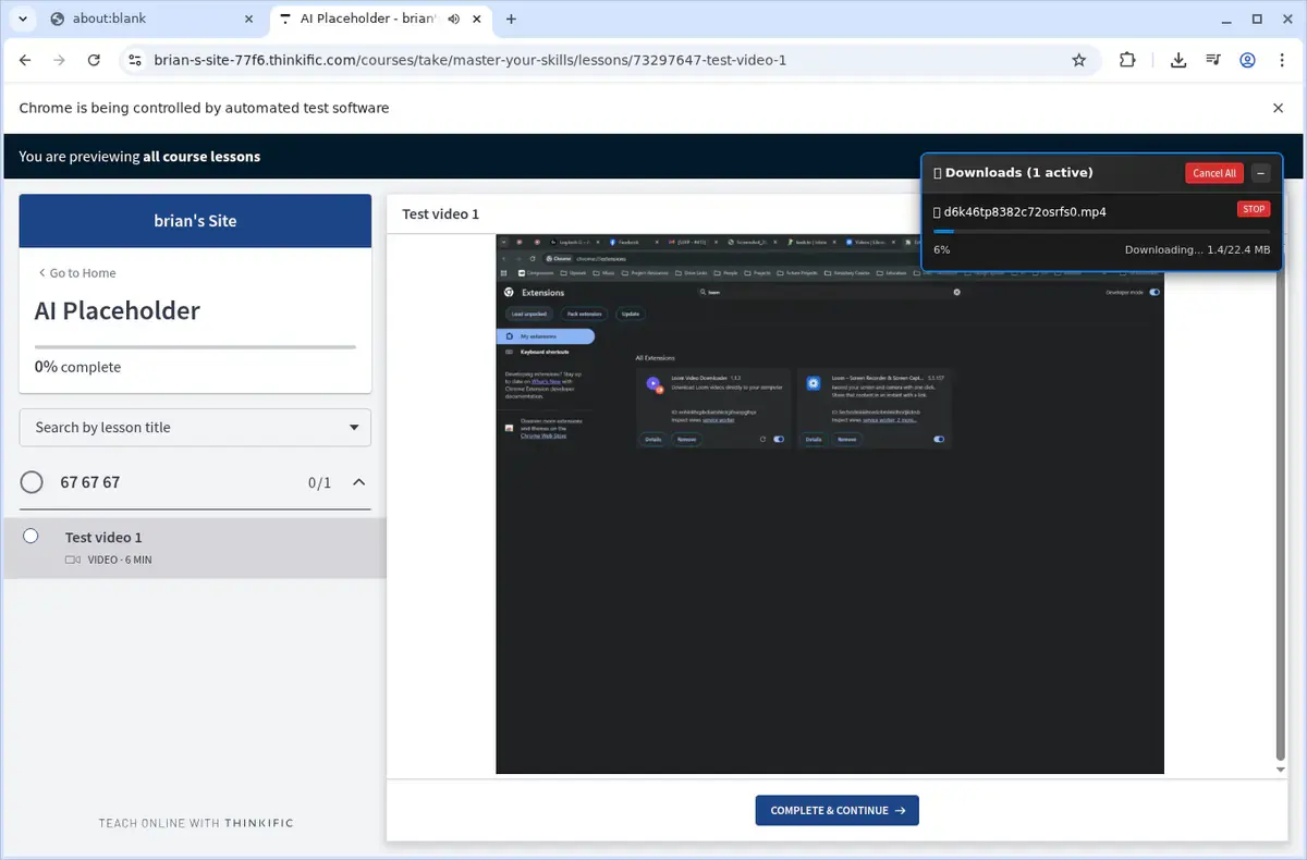 Thinkific Video Downloader showing detected media ready to download