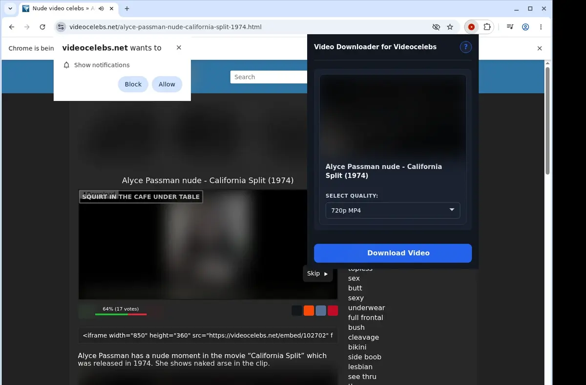 VideoCelebs Video Downloader showing detected media ready to download