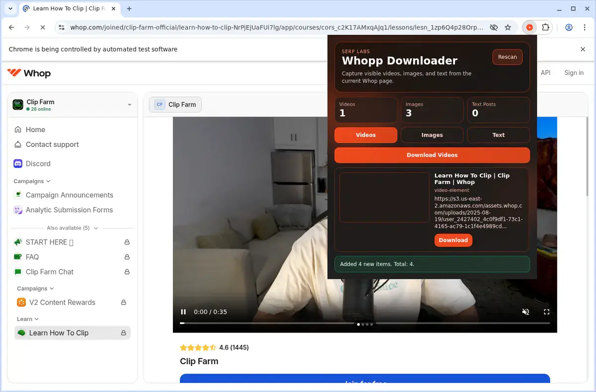 Whop Downloader showing detected media ready to download