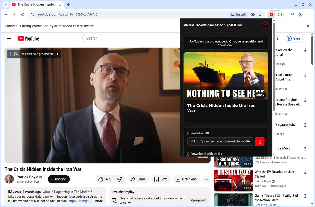 YouTube Video Downloader showing detected media ready to download