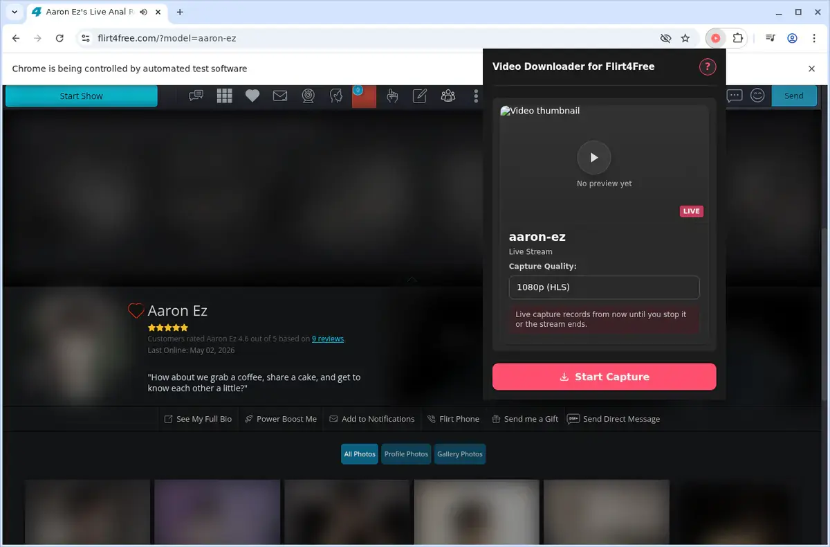 Flirt4Free Video Downloader showing detected media ready to download