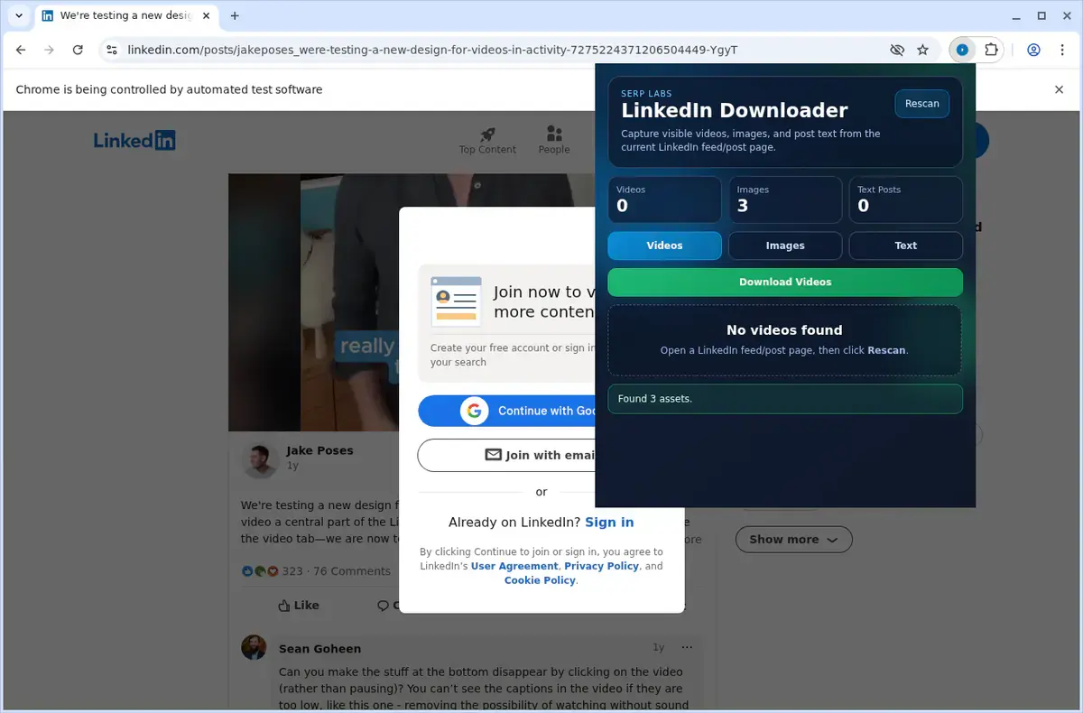LinkedIn Downloader showing detected media ready to download