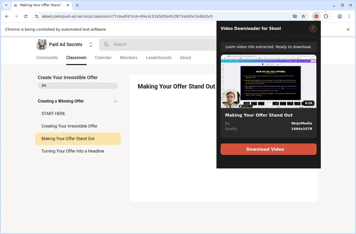 Skool Video Downloader detecting available video sources