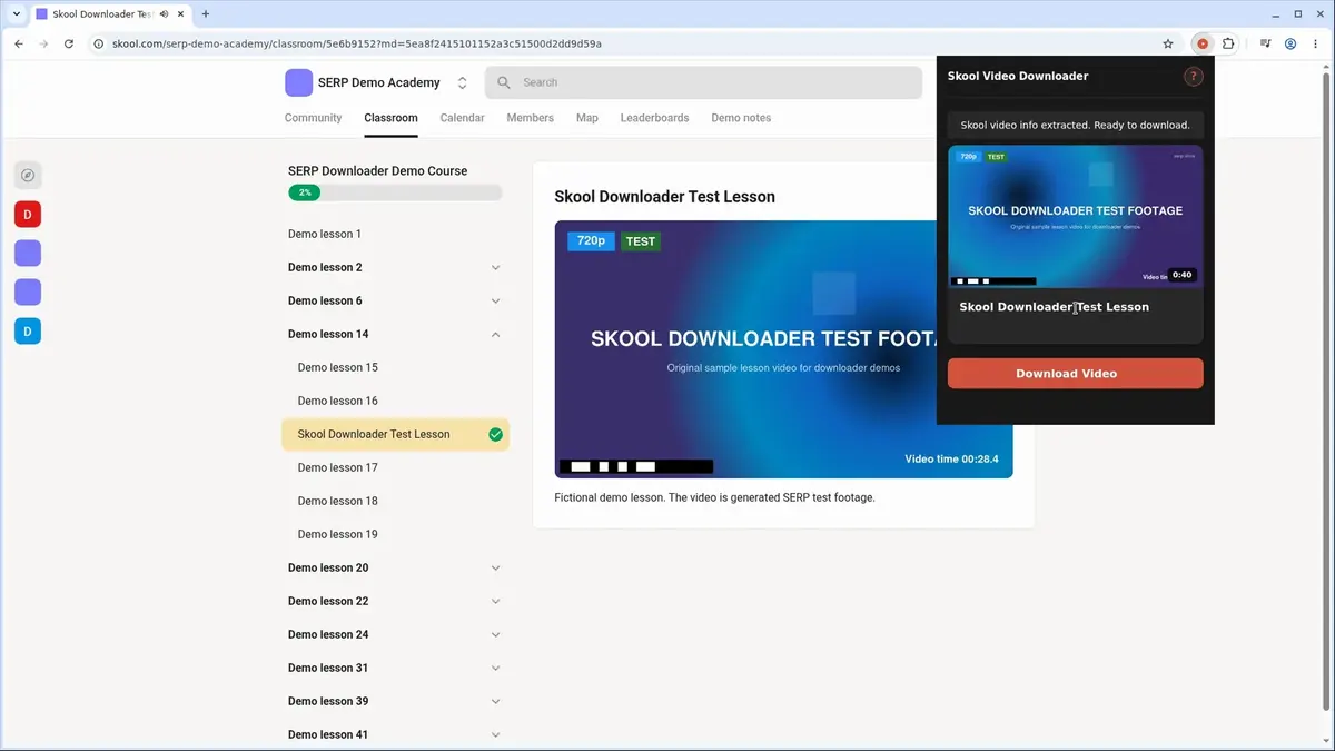 Skool Video Downloader popup open on a Skool page, showing the detected video