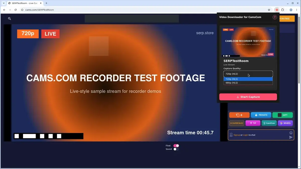Downloader for CamsCom: record a live Cams.com show as an MP4 in 47 seconds